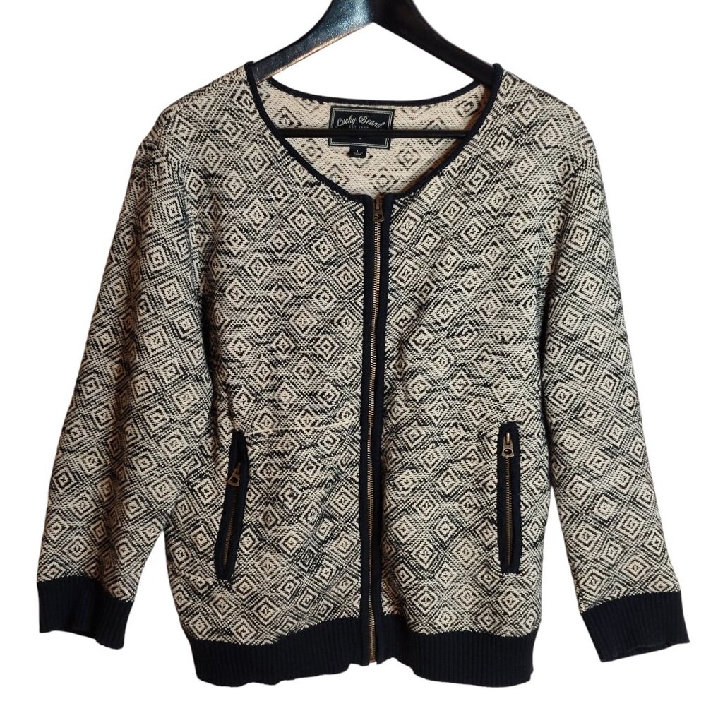 Lucky Brand Geometric Knit Zip-Up Sweater Jacket – Size L